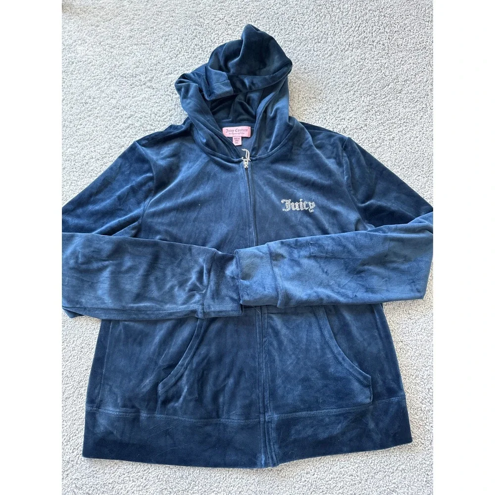 Juicy Couture Velour Tracksuit Y2K Hoodie Pants Blue Rhinestone Logo‎ Women XL